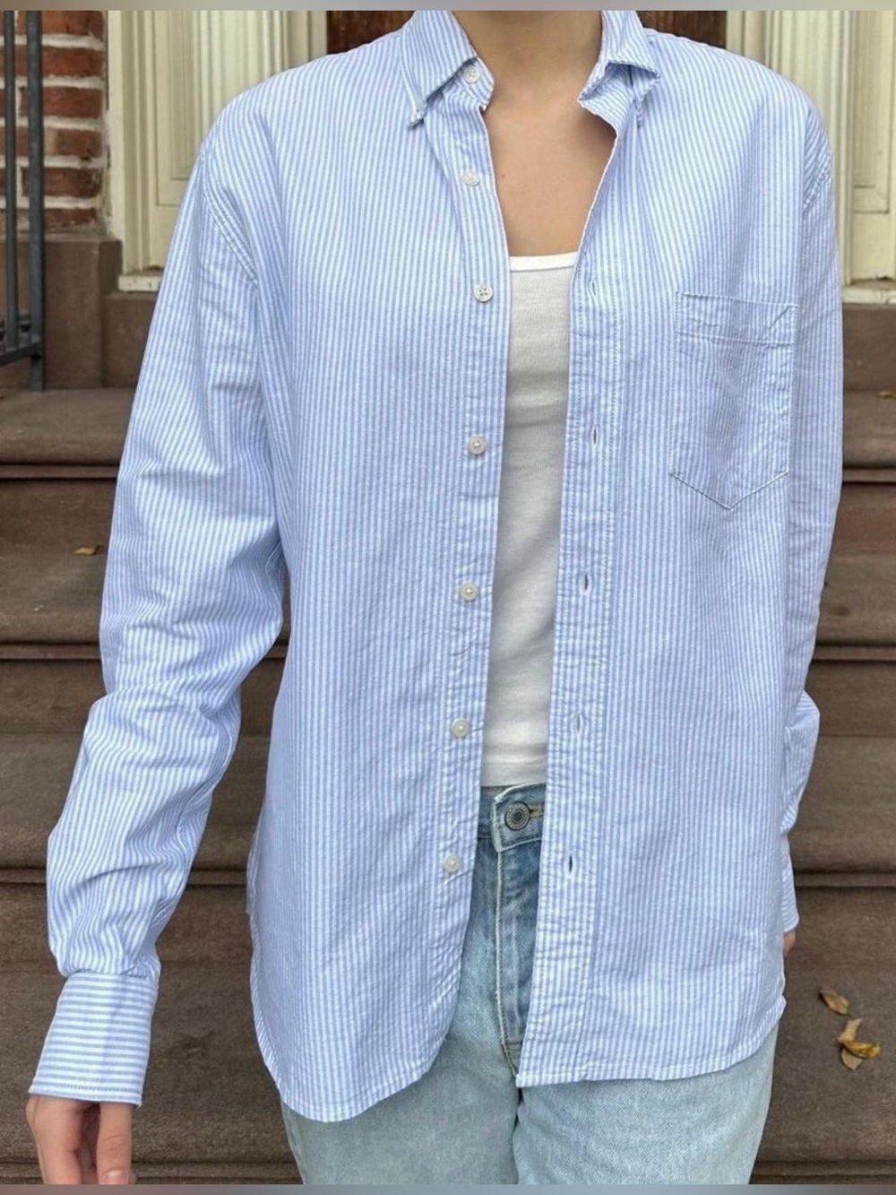 Brandy Melville Blue and White Striped 100% Cotton Button Up Long Sleeve Small